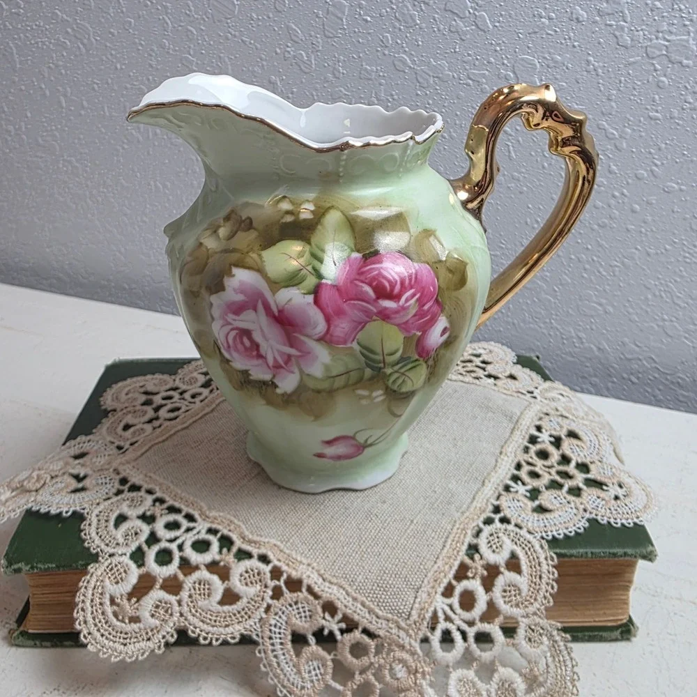 Vintage Lefton Hand‎ Painted Rose Porcelain Pitcher Green Gold Gilt Scallop Rim